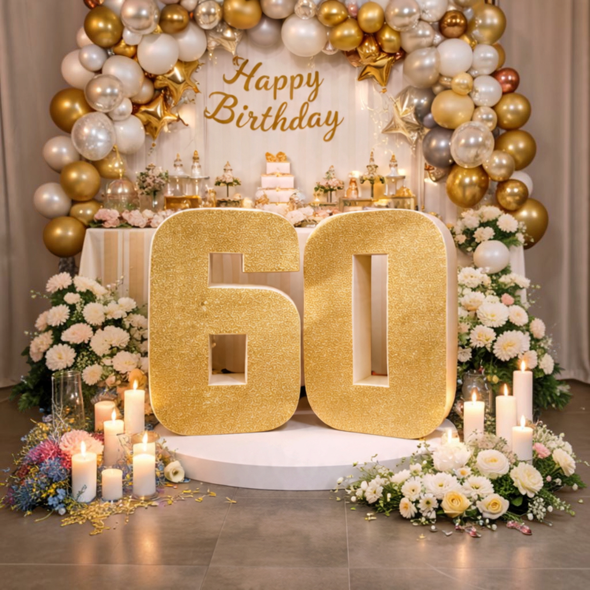 Decorazione numero 60 glitterato oro FotoGrafica per allestimento compleanno con palloncini e fiori
