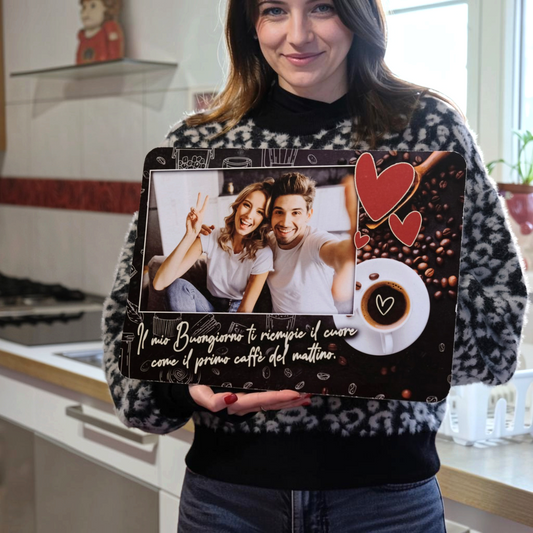 Tovaglietta colazione FotoGrafica in cotone personalizzata con foto di coppia, cuori e scritta romantica