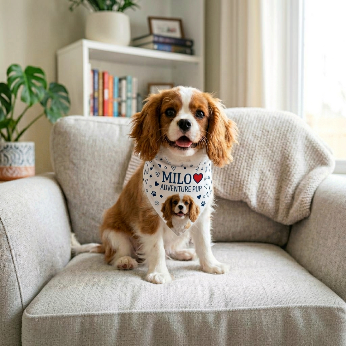 Cane Cavalier King Charles Spaniel indossa una bandana personalizzata FotoGrafica con nome e foto del cucciolo