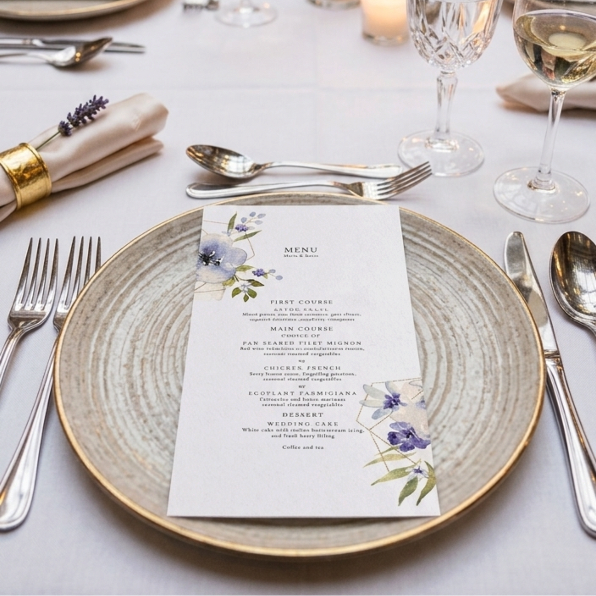 Menù eventi personalizzato FotoGrafica su carta pregiata con decorazioni floreali blu su piatto elegante