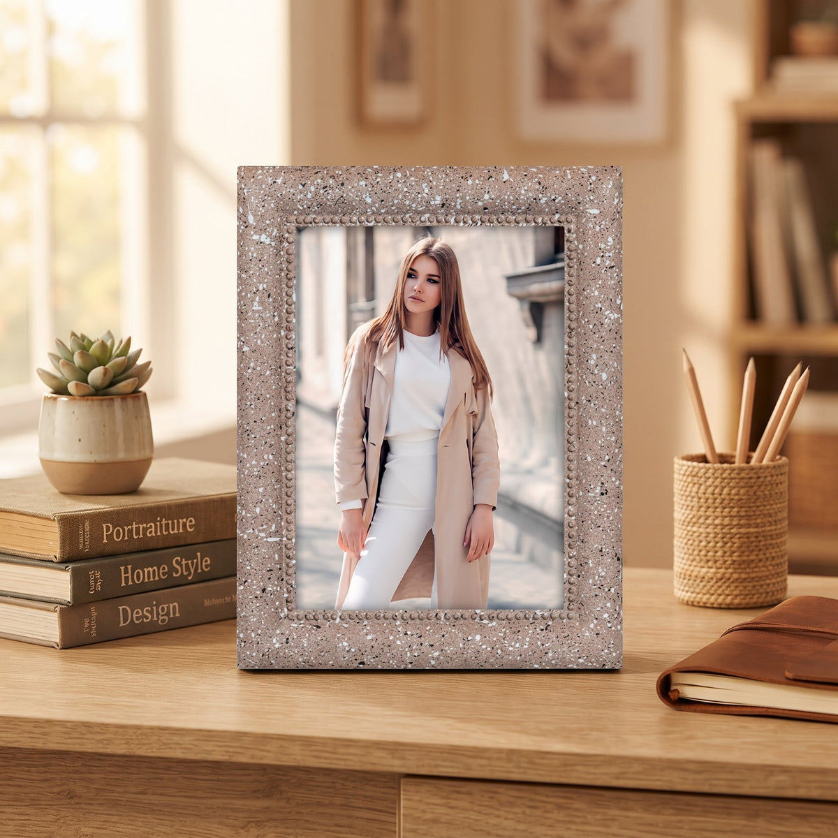 Cornice Portafoto da Tavolo Effetto Terrazzo - Portafoto Moderno Bianco o Marrone