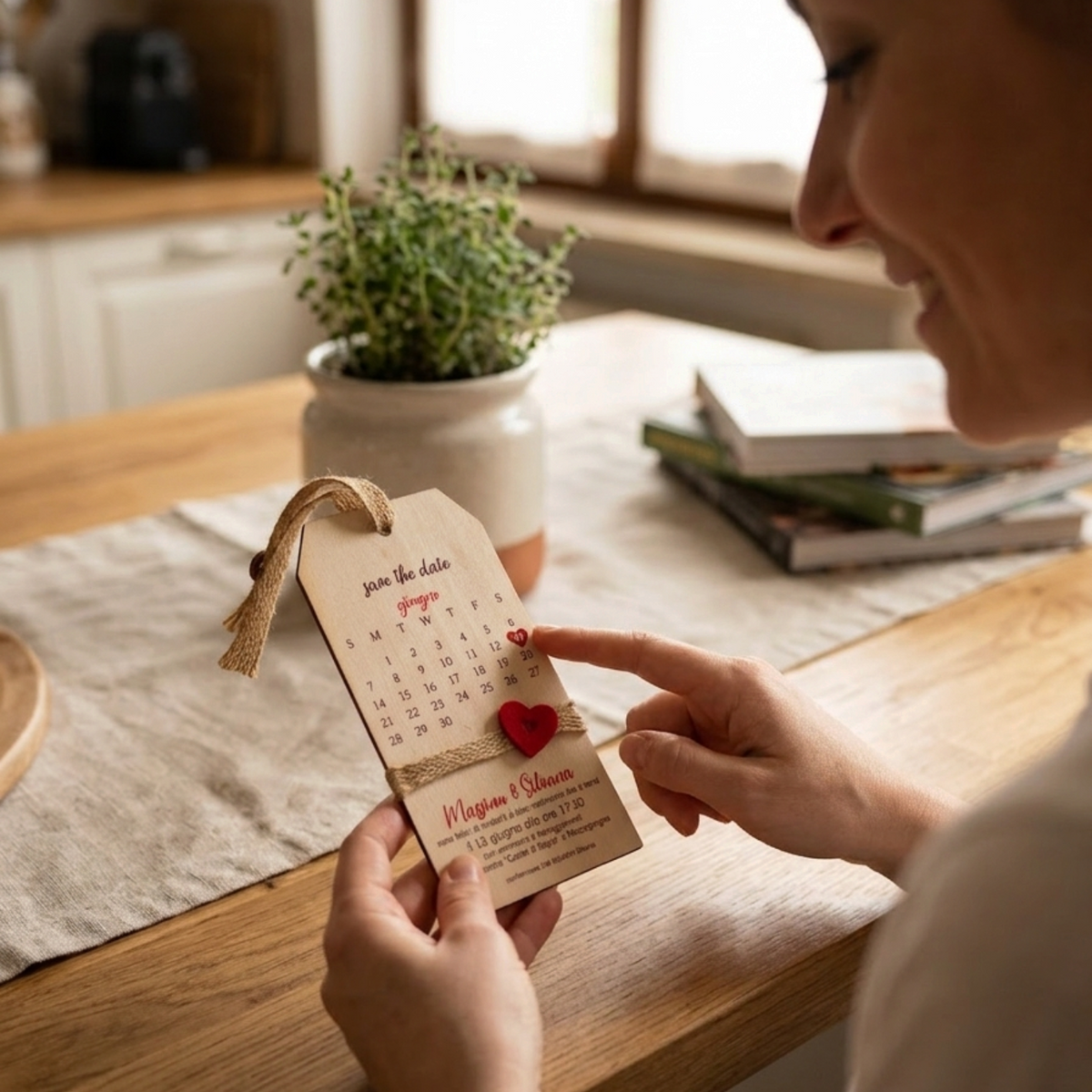 Partecipazione di nozze FotoGrafica in legno con calendario save the date, decorata con cuore rosso e corda di iuta