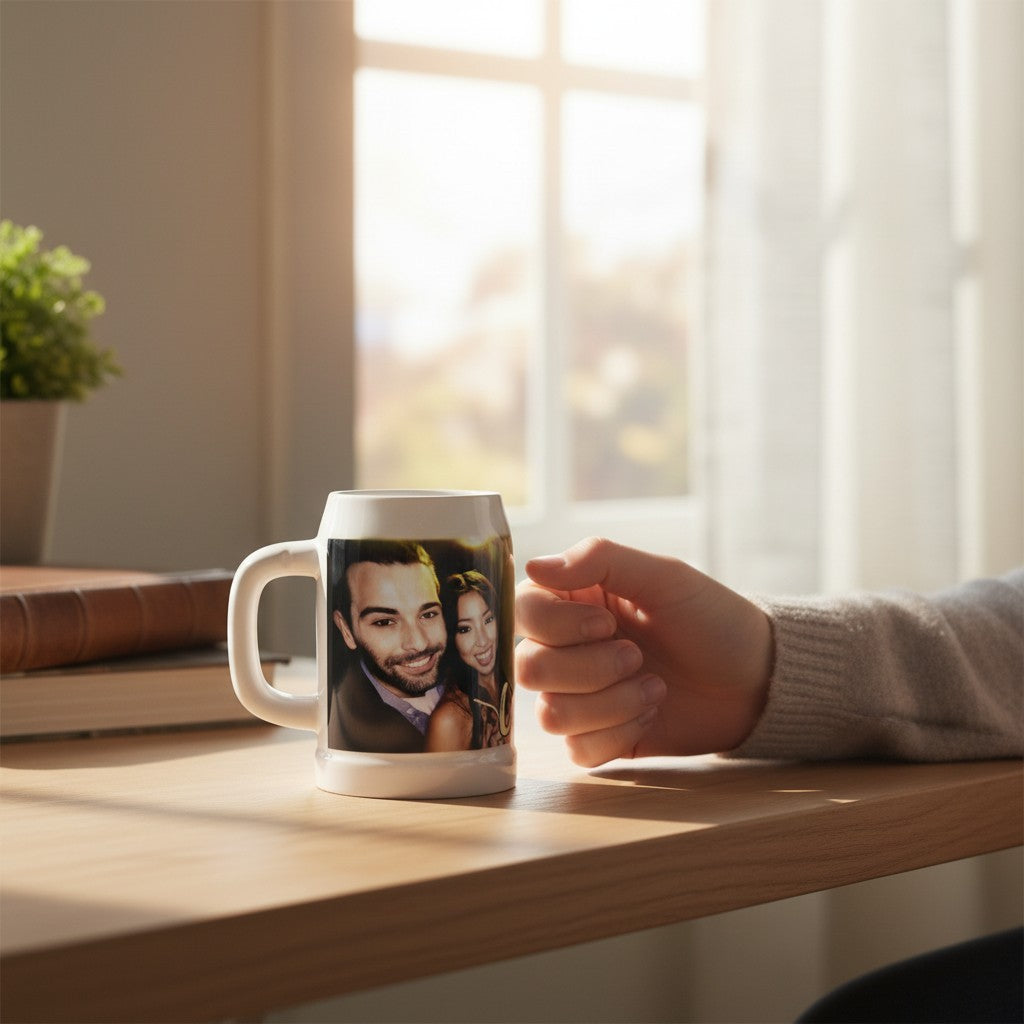 Boccale da birra FotoGrafica in ceramica bianca con stampa fotografica personalizzata su tavolo in legno