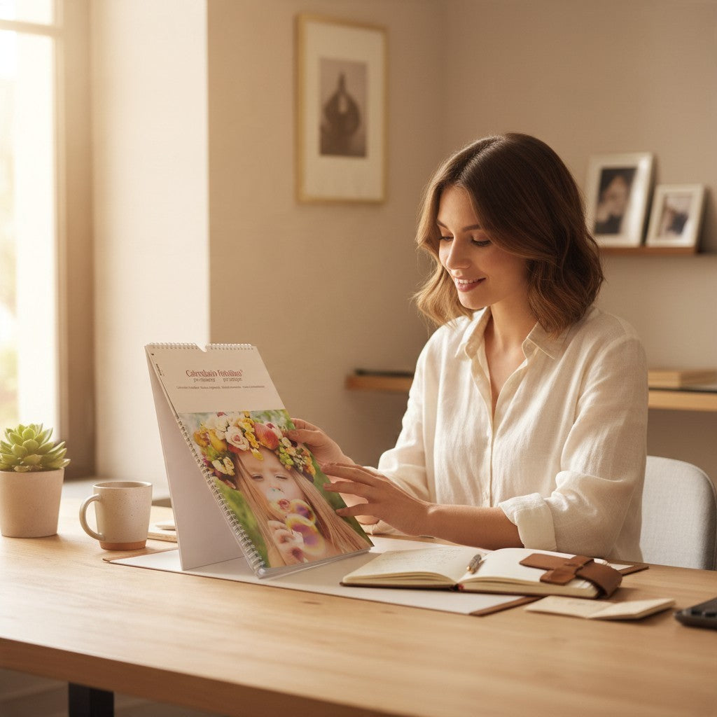 Donna sorridente che sfoglia un Calendario Fotolibro FotoGrafica personalizzato con foto su una scrivania in legno
