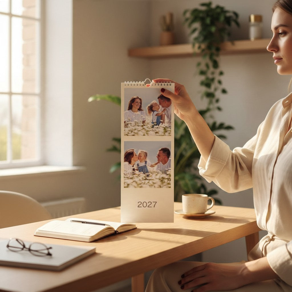 Donna che tiene in mano un calendario planner FotoGrafica personalizzato con foto di famiglia per l'anno 2027