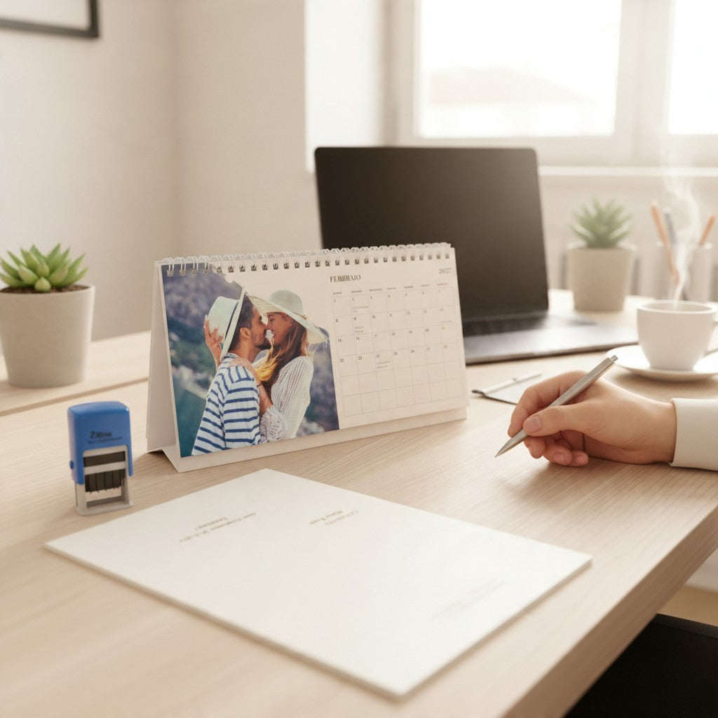 Calendario da tavolo orizzontale FotoGrafica personalizzato con foto di coppia su scrivania da ufficio