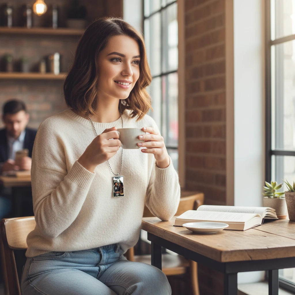 Donna sorridente indossa una collana con medaglietta personalizzata FotoGrafica mentre beve caffè in un bar