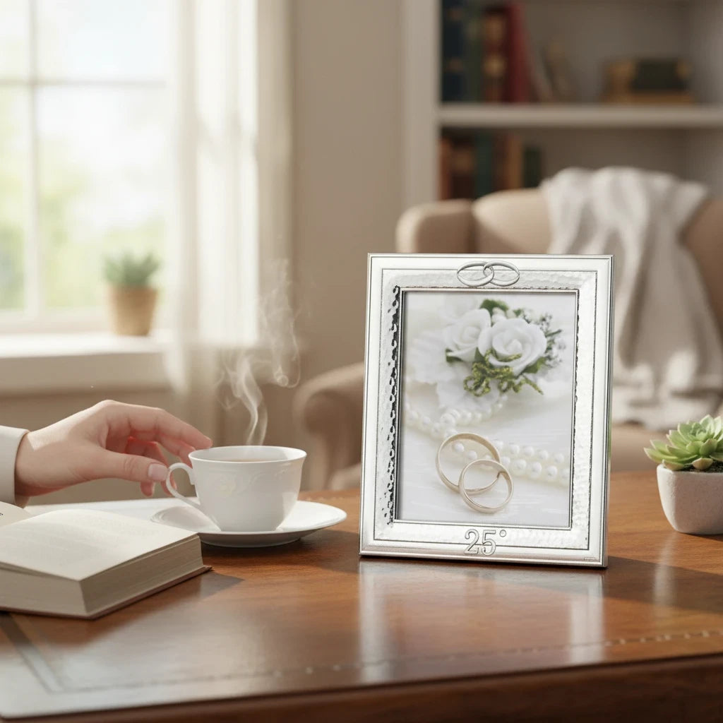 Cornice FotoGrafica per 25 anni di matrimonio in argento con decorazioni a rilievo su tavolo in legno
