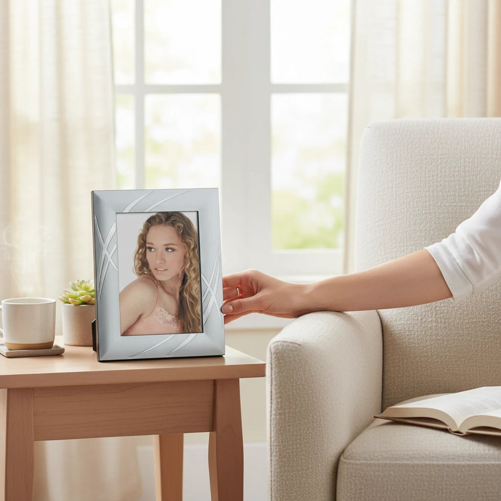 Portafoto da tavolo FotoGrafica in argento lucido con design minimalista ed elegante posizionato su un tavolino