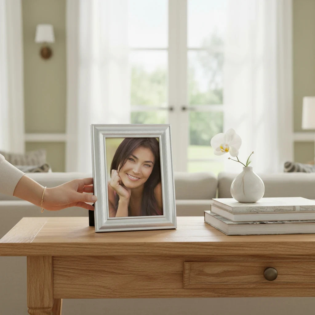 Cornice da tavolo FotoGrafica in argento dal design minimalista e lucido posizionata su un mobile in legno