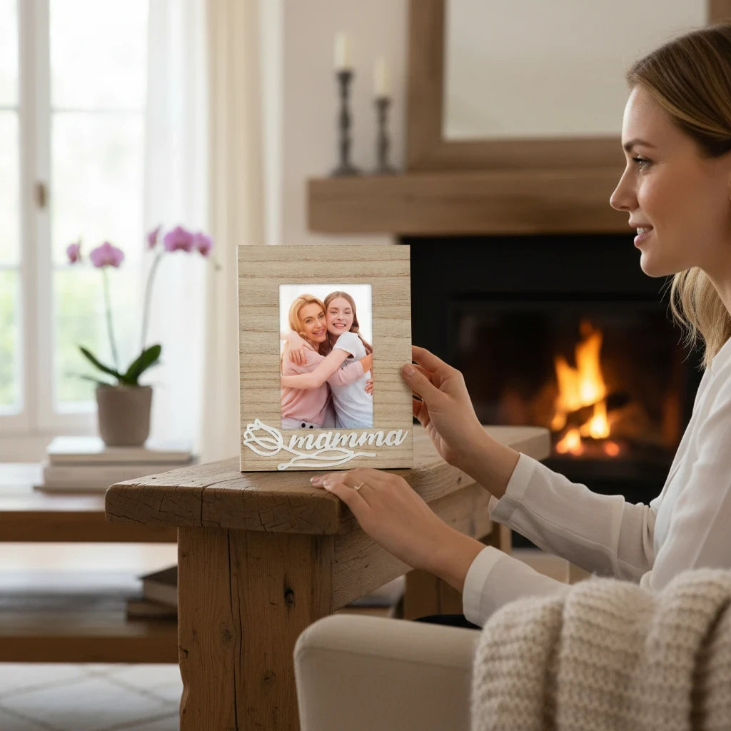 Donna tiene una cornice da tavolo in legno FotoGrafica con scritta mamma e decorazione a fiore in un salotto accogliente