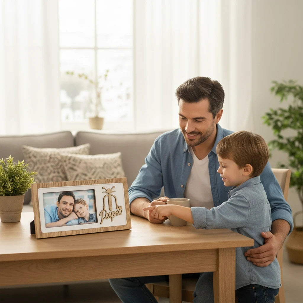 Cornice da tavolo FotoGrafica in legno con scritta Papà, ideale per foto di famiglia in un accogliente soggiorno