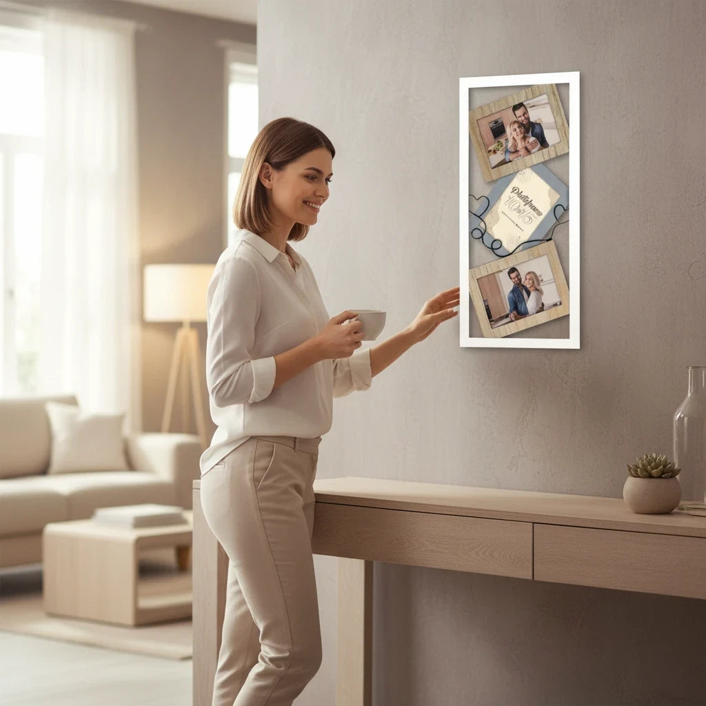 Donna sorridente ammira la cornice multiframe FotoGrafica in legno chiaro appesa in un elegante soggiorno moderno
