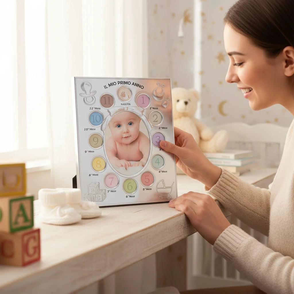 Cornice FotoGrafica per nascita con dodici spazi per i mesi del neonato, design elegante in argento e colori pastello