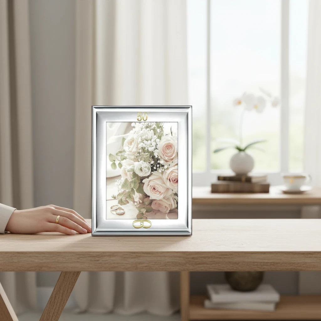Cornice FotoGrafica per 50 anni di matrimonio in metallo argentato con dettagli dorati su tavolo in legno