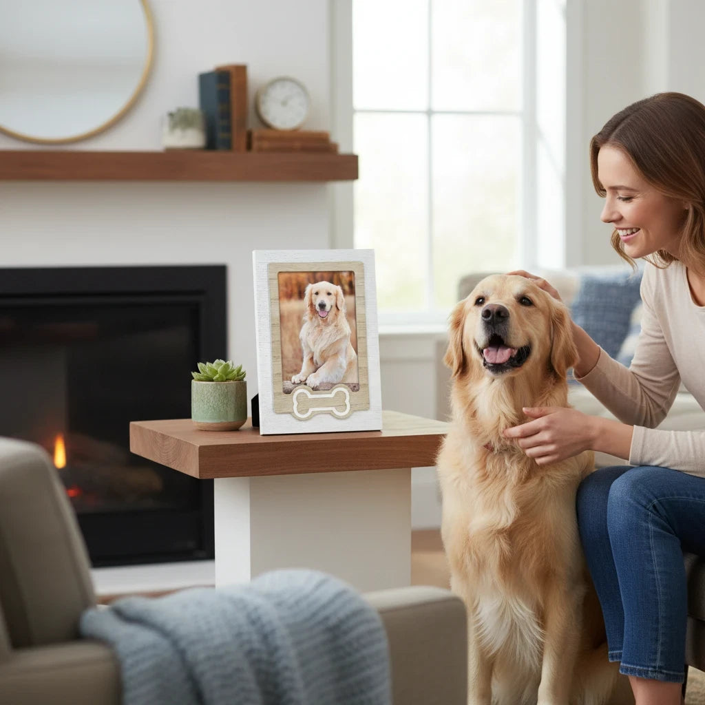 Cornice portafoto FotoGrafica bianca con decoro a osso per cani, posata su un tavolo accanto a un Golden Retriever.