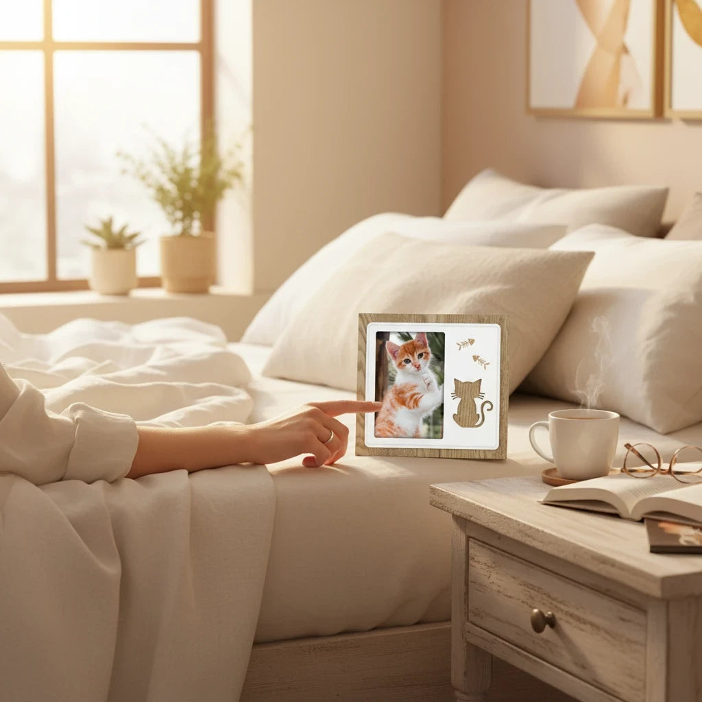 Cornice portafoto FotoGrafica in legno con decorazioni a tema gatto su comodino in camera da letto
