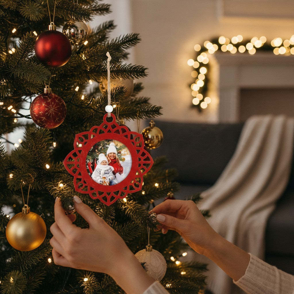 Addobbo natalizio FotoGrafica in legno rosso a forma di cornice portafoto appeso all'albero con foto di famiglia