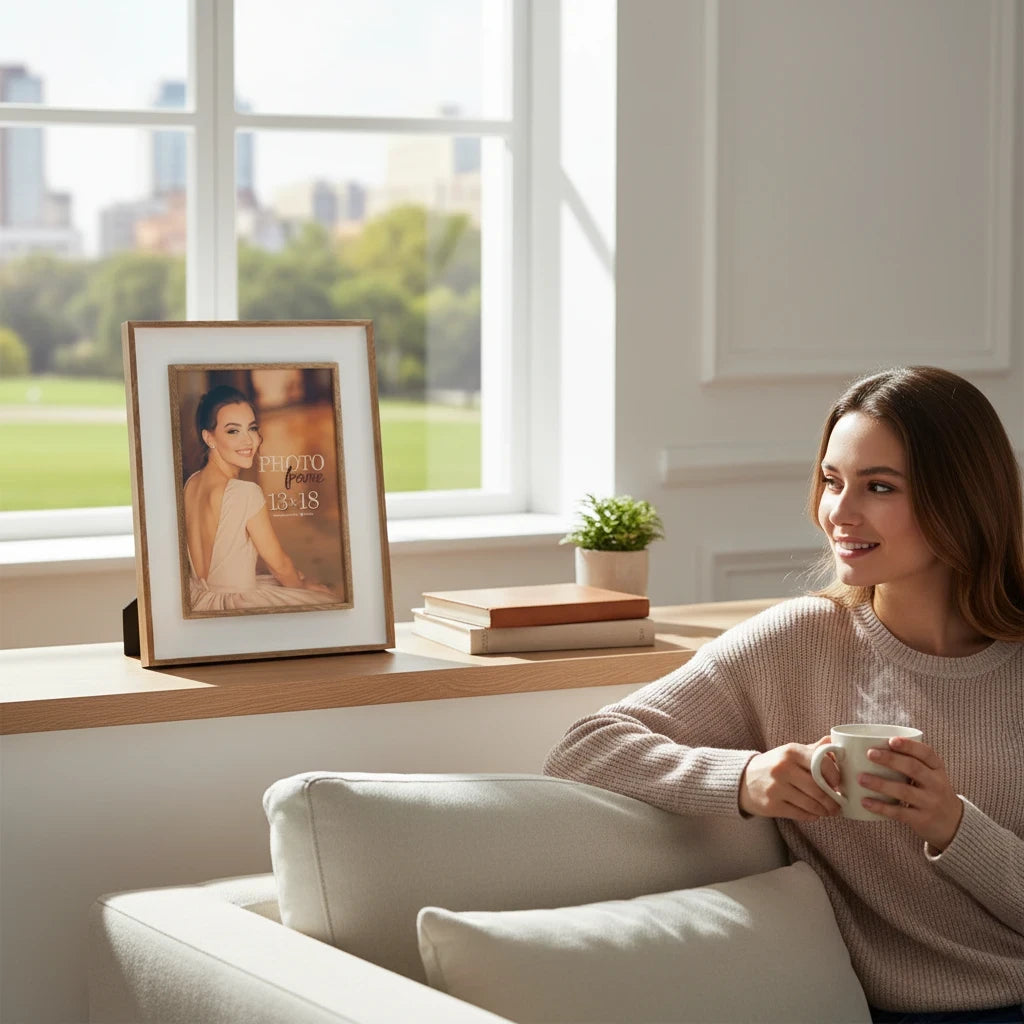 Cornice portafoto da tavolo FotoGrafica in legno chiaro su davanzale luminoso con donna che sorseggia caffè