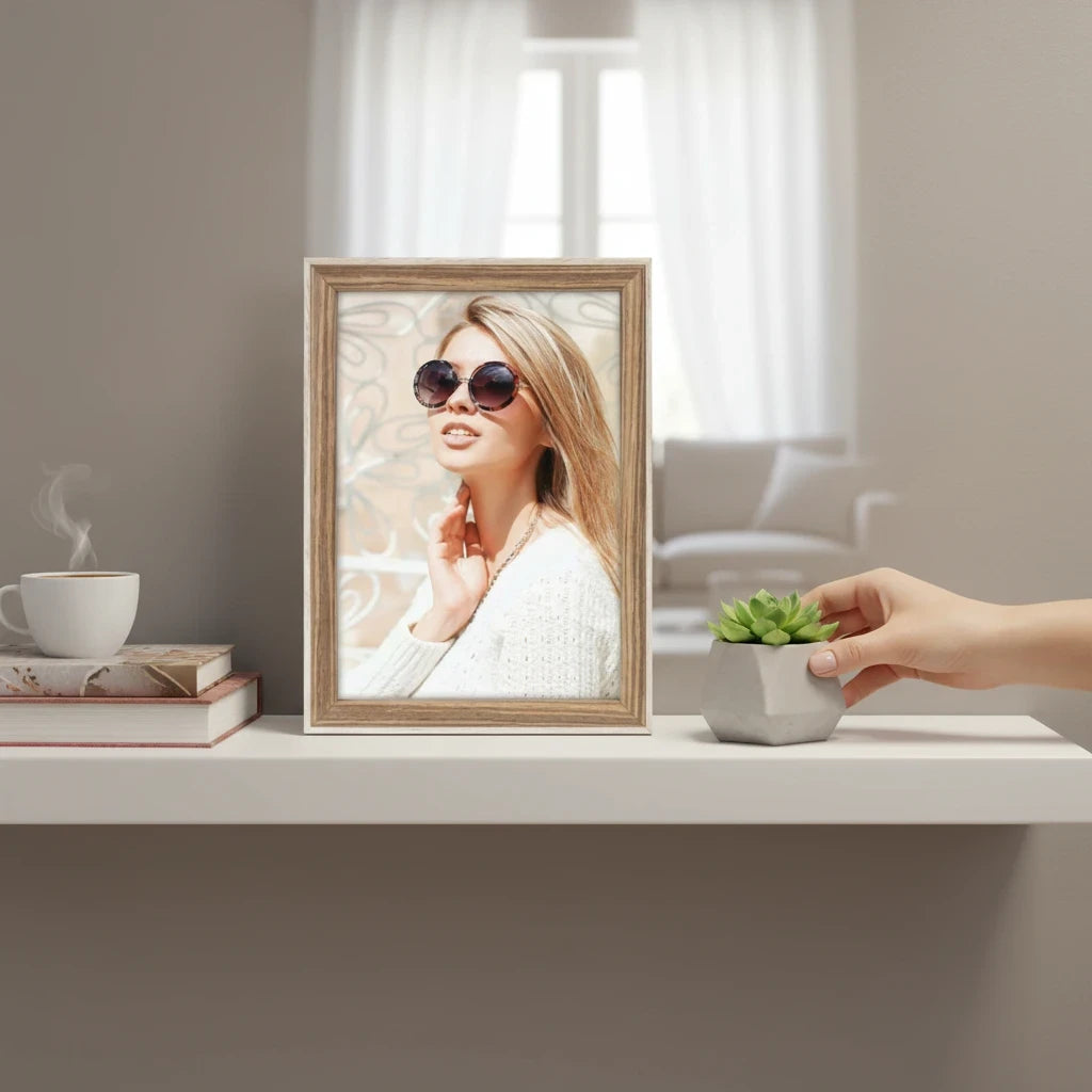 Cornice portafoto da tavolo in legno FotoGrafica dal design elegante su una mensola con pianta e tazza di caffè