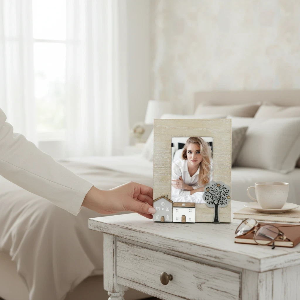 Cornice portafoto da tavolo FotoGrafica in legno chiaro con decorazioni a forma di casette e albero in camera da letto
