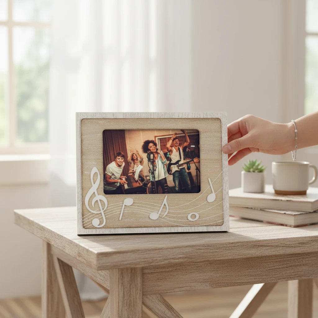 Cornice portafoto FotoGrafica in legno chiaro con decorazioni a tema musicale, formato 10x15 per ricordi di concerti