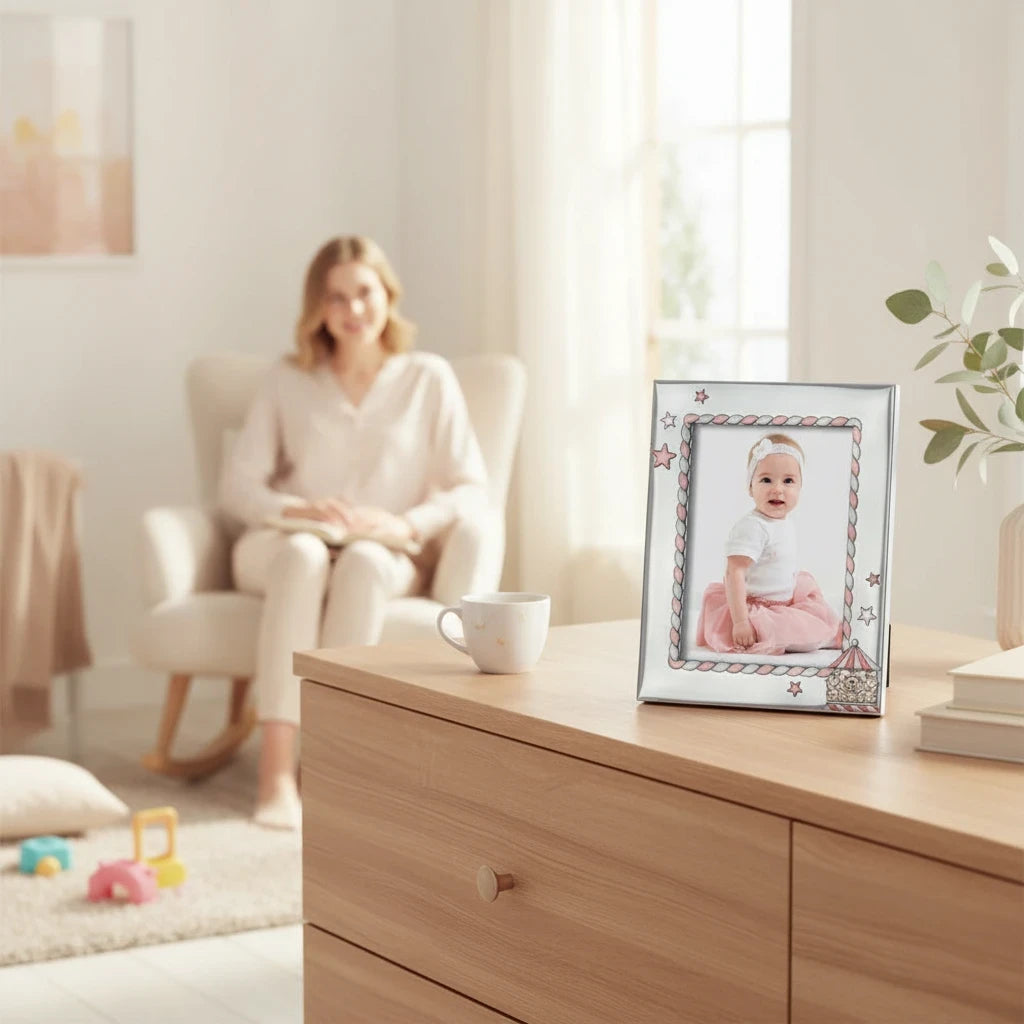Cornice portafoto FotoGrafica in silver per nascita con decorazioni rosa e stelle, ideale per battesimi e neonati.
