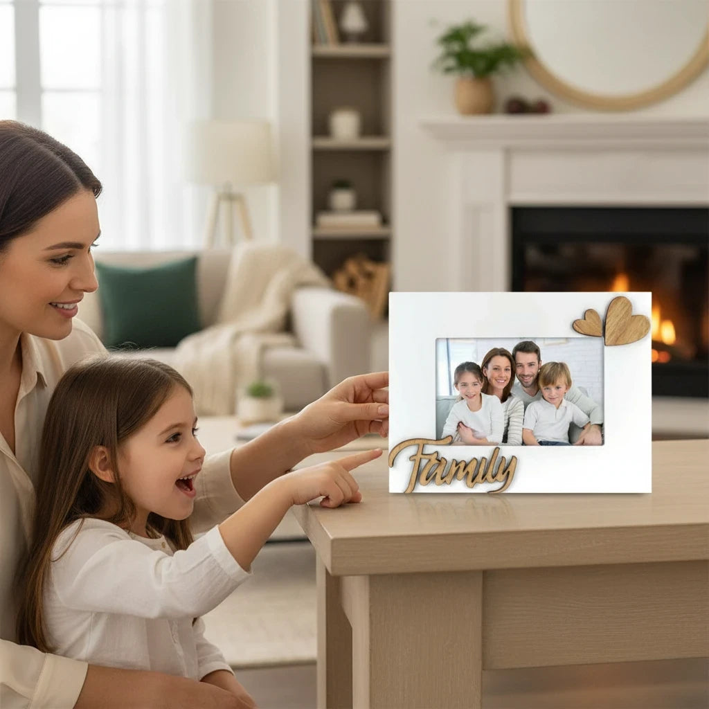 Cornice da tavolo FotoGrafica in legno bianco con scritta Family e decorazioni a cuore, ideale per foto di famiglia