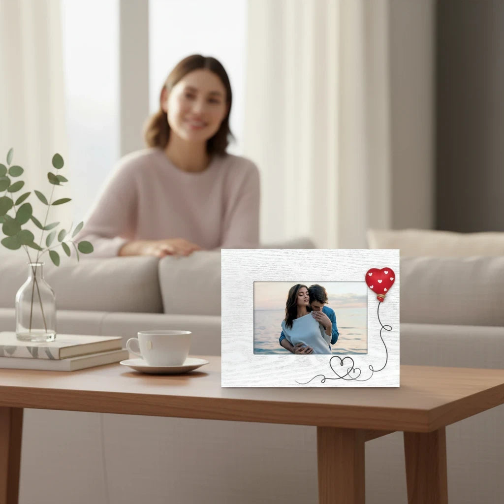 Cornice da tavolo FotoGrafica in legno bianco con decorazione a cuore rosso e filo a forma di cuore per foto