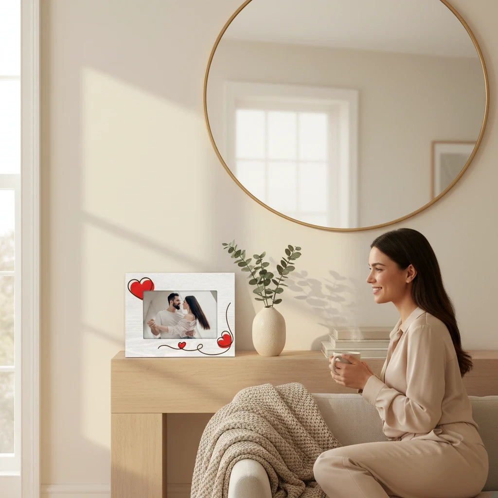 Cornice da tavolo FotoGrafica in legno bianco con decorazioni a cuore rosse, ideale per foto romantiche