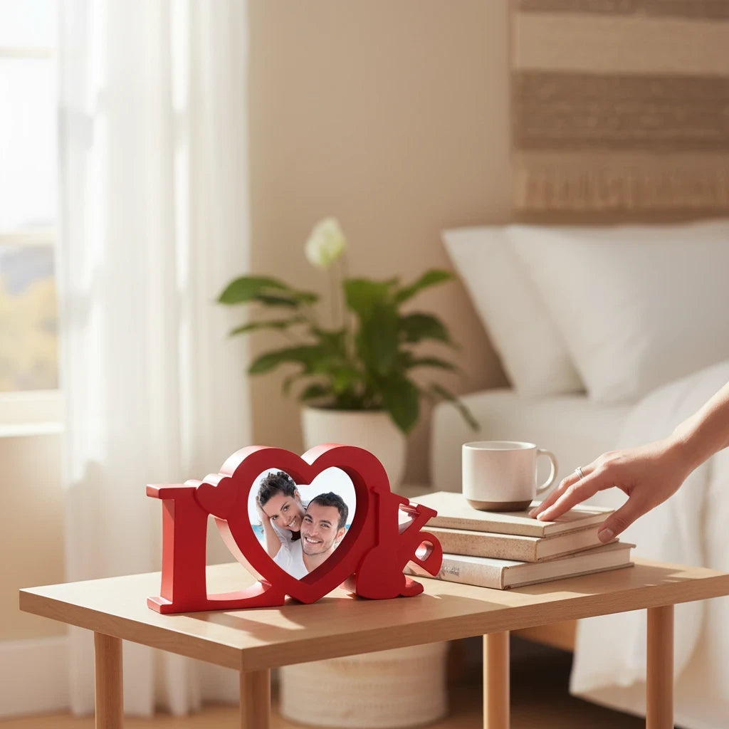 Cornice da tavolo FotoGrafica a forma di scritta Love rossa in legno con portafoto a cuore per momenti romantici