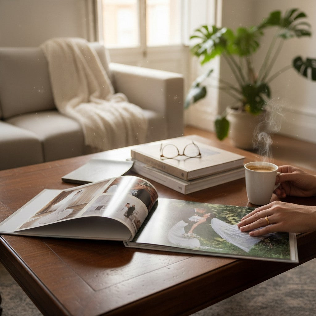 Fotolibro FotoGrafica con copertina rigida aperto su un tavolino in legno con foto di matrimonio e tazza di caffè