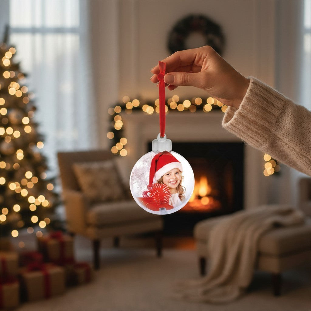 Pallina di Natale FotoGrafica personalizzabile con foto, decorazione trasparente a forma di fiocco di neve per albero