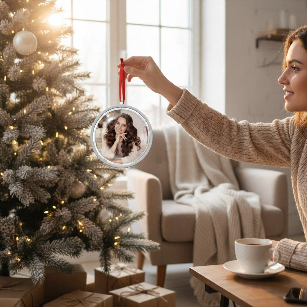 Donna che appende una pallina di Natale FotoGrafica personalizzabile con foto all'albero decorato