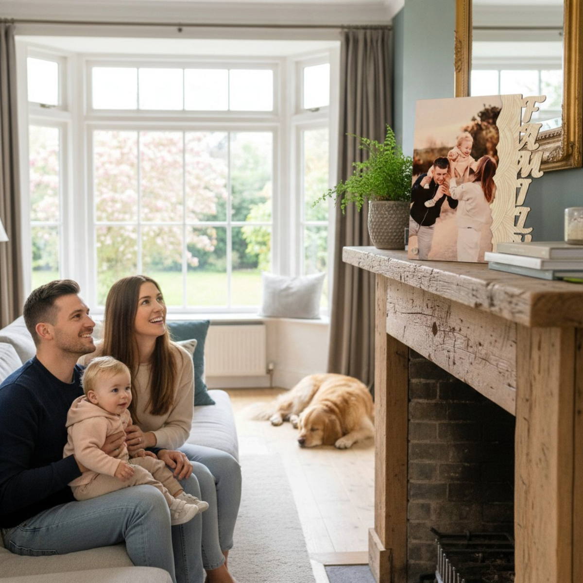 Pannello decorativo FotoGrafica con foto di famiglia su cornice moderna in legno posizionato sopra un camino