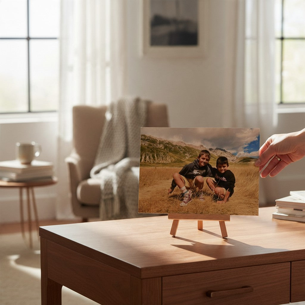 Pannello decorativo FotoGrafica con stampa fotografica personalizzata di due bambini su cavalletto in legno