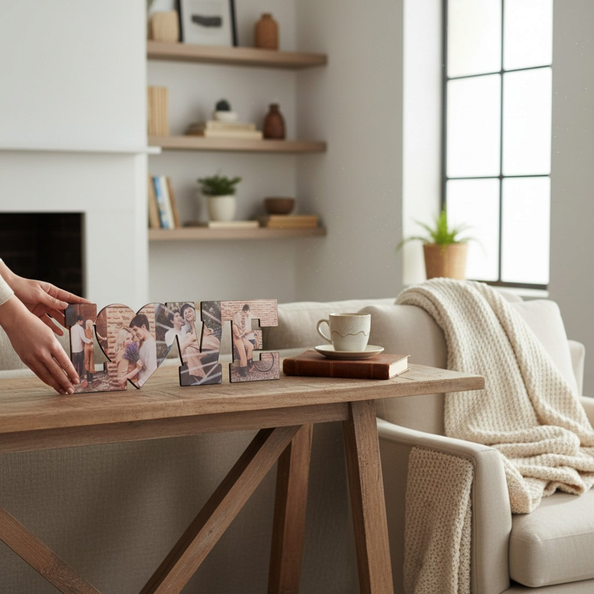 Pannello sagomato LOVE personalizzato FotoGrafica con foto di coppia su tavolo in legno in un soggiorno luminoso