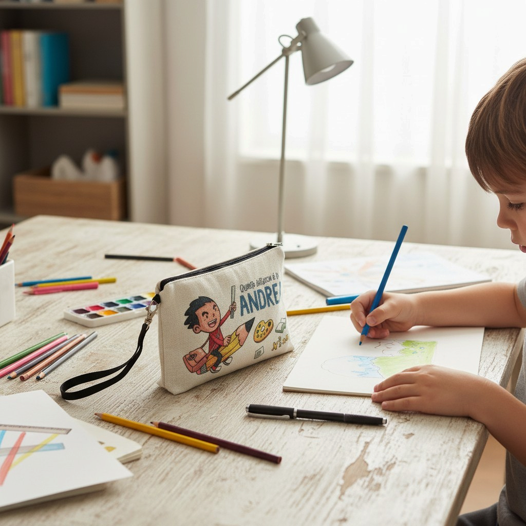 Pochette in tessuto personalizzata FotoGrafica con disegno di bambino su scrivania mentre disegna