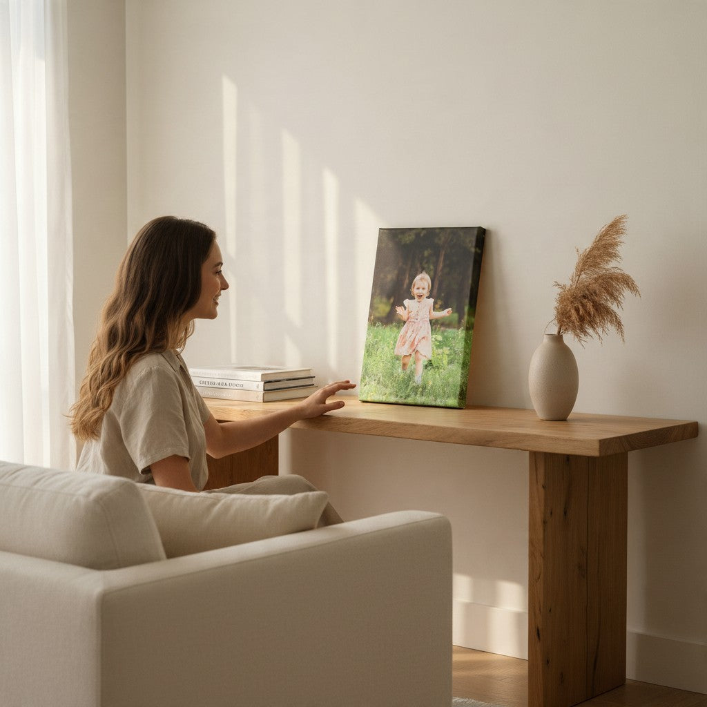 Donna che ammira una stampa su tela personalizzata FotoGrafica con foto di una bambina in un interno moderno