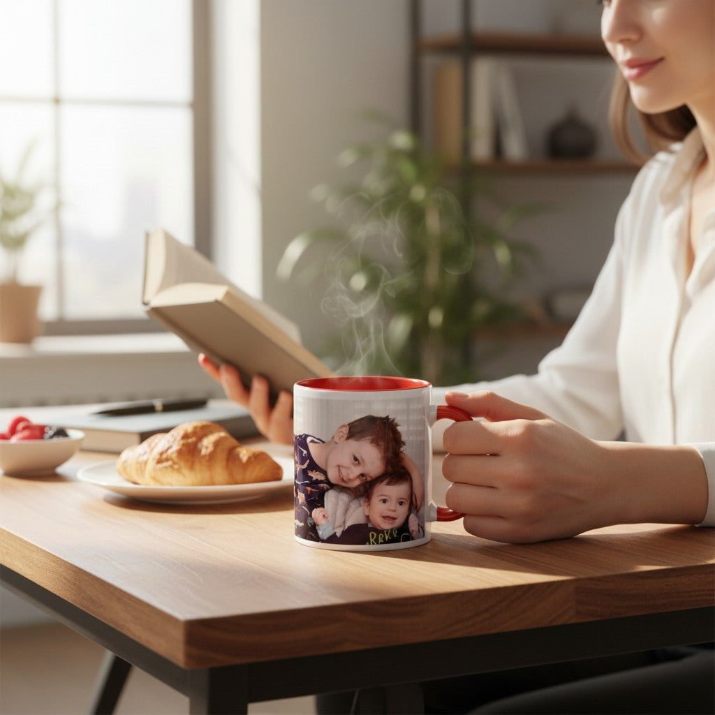 Tazza da colazione FotoGrafica personalizzata con foto di bambini, interno e manico rossi su tavolo in legno