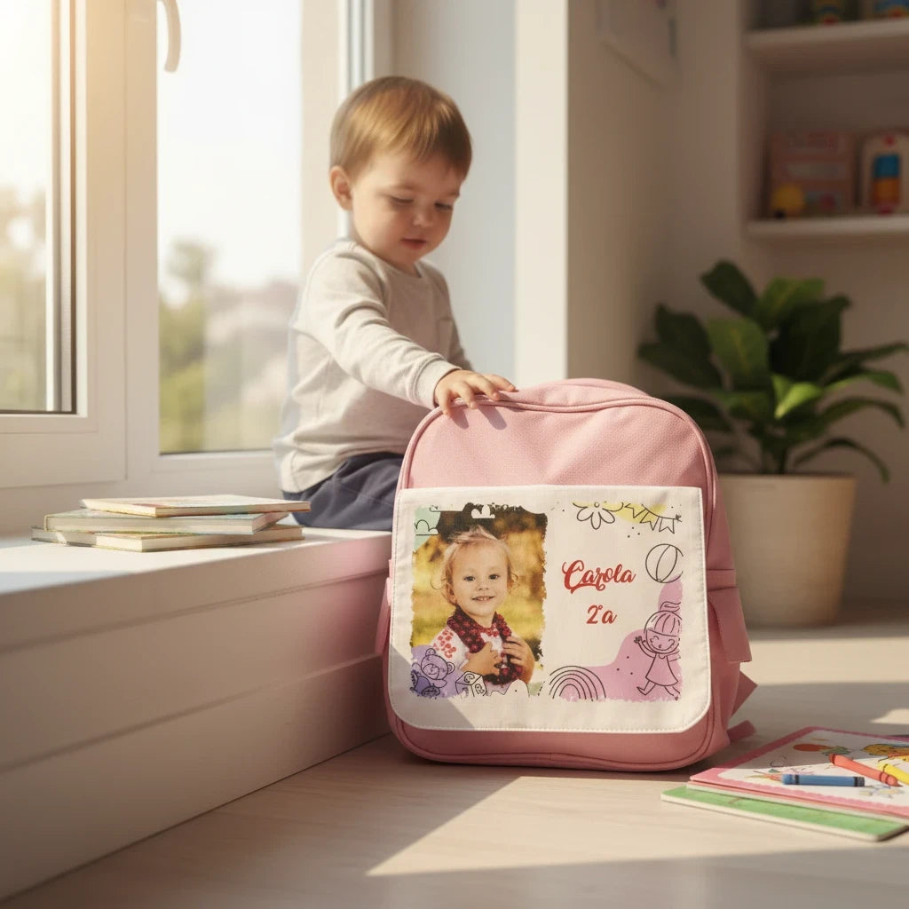 Zainetto rosa personalizzato FotoGrafica con foto e nome del bambino, ideale per l'asilo con grafiche colorate