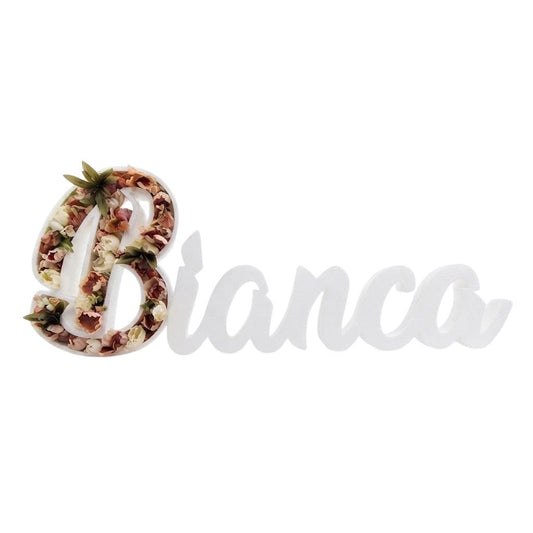Scritta decorativa FotoGrafica con nome Bianca, decorata con fiori artificiali bianchi e rosa per cerimonie