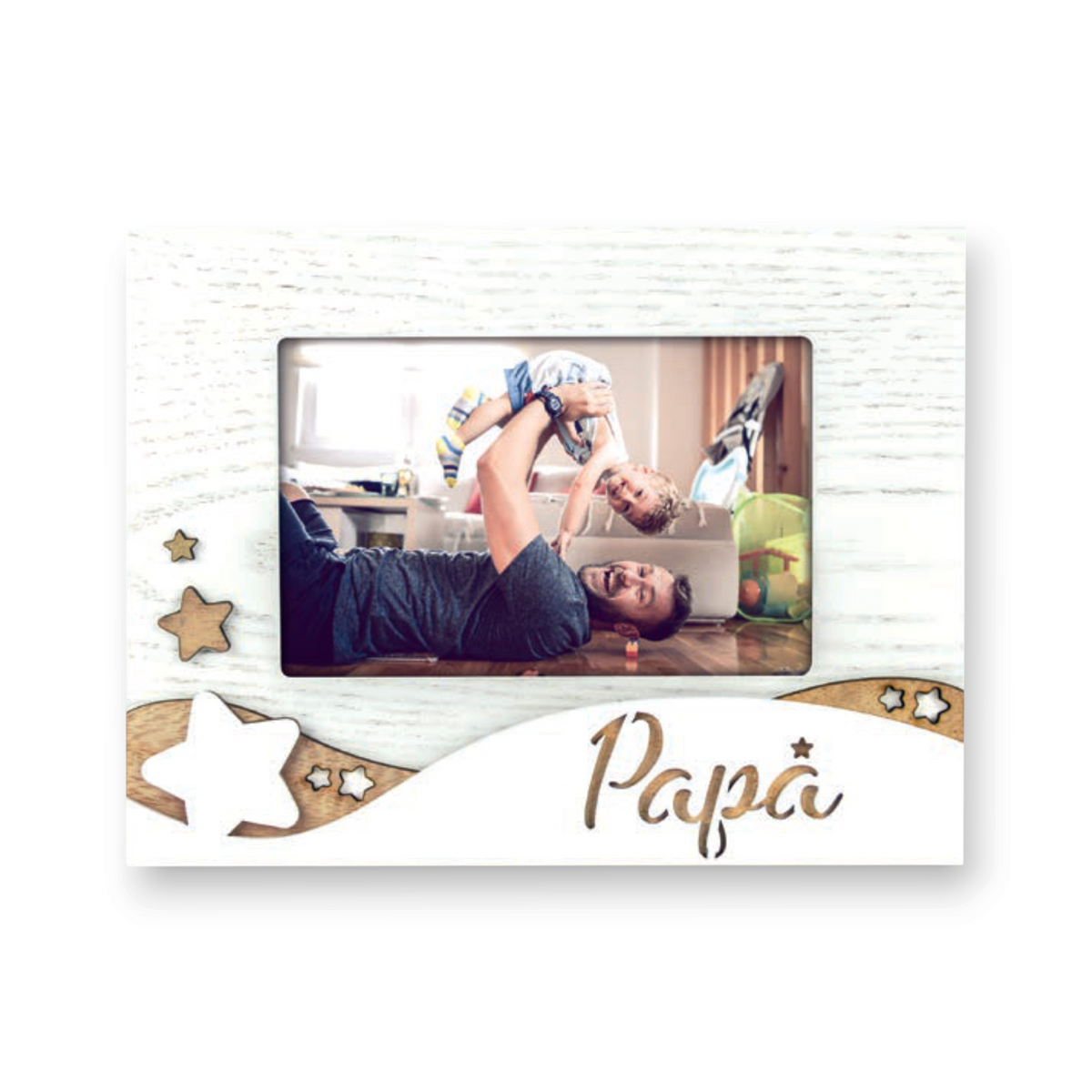 Cornice da tavolo FotoGrafica in legno bianco con scritta Papà e decorazioni a forma di stella per foto di famiglia
