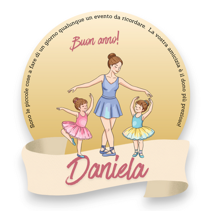 Segnaposto personalizzato FotoGrafica rotondo con illustrazione di ballerina adulta e due bambine in tutù