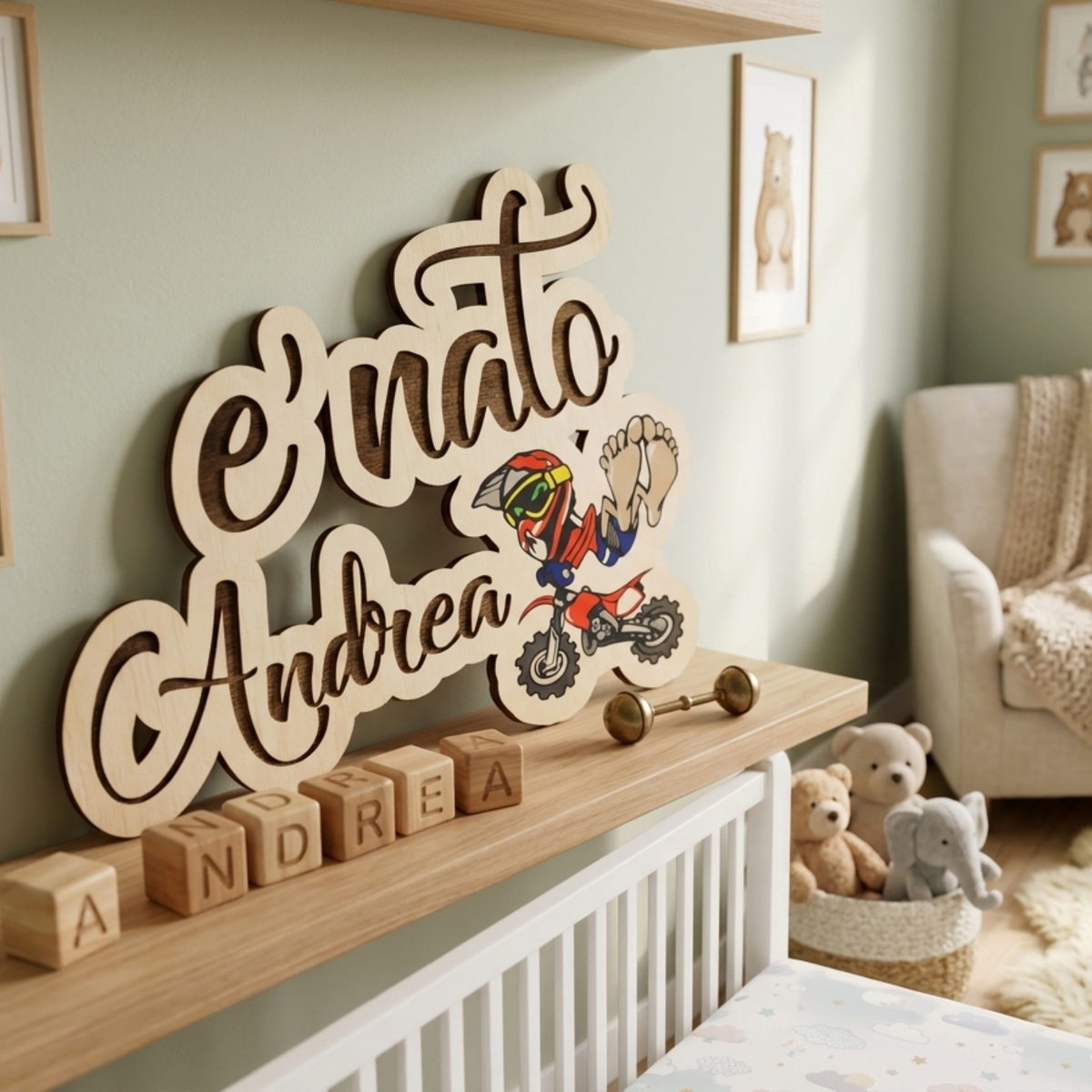 Quadro nascita personalizzato in legno FotoGrafica con scritta e decorazione moto per cameretta neonato