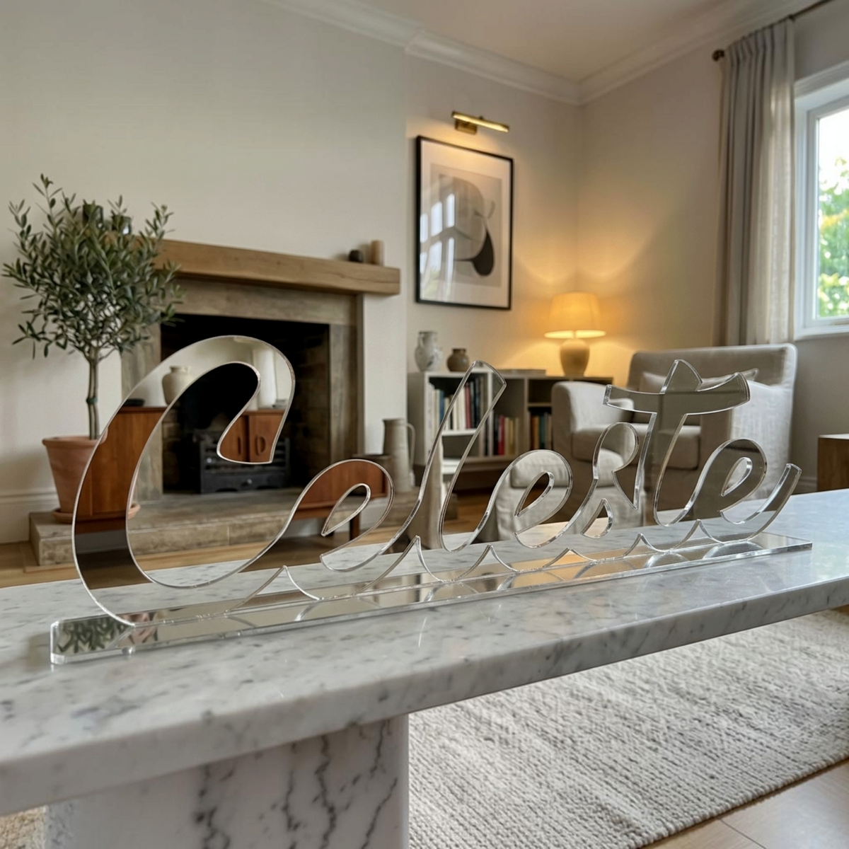 Scritta personalizzata FotoGrafica in acrilico specchiato con nome Celeste, decorazione 3D da tavolo per eventi