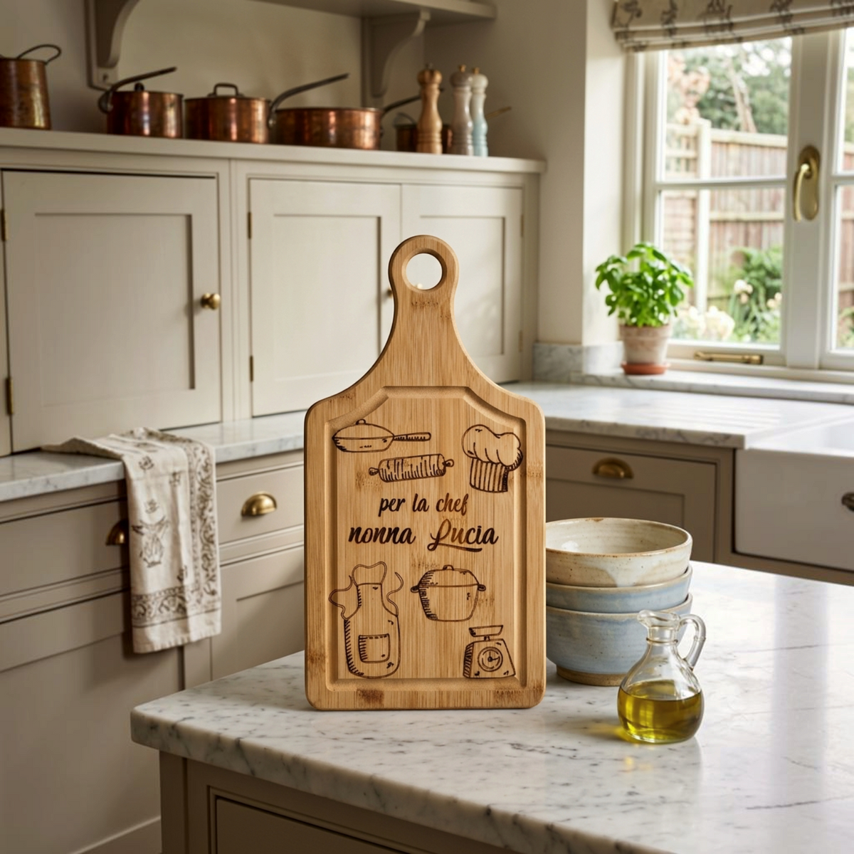 Tagliere in legno FotoGrafica personalizzato con incisione a tema cucina, ideale come regalo originale per la casa