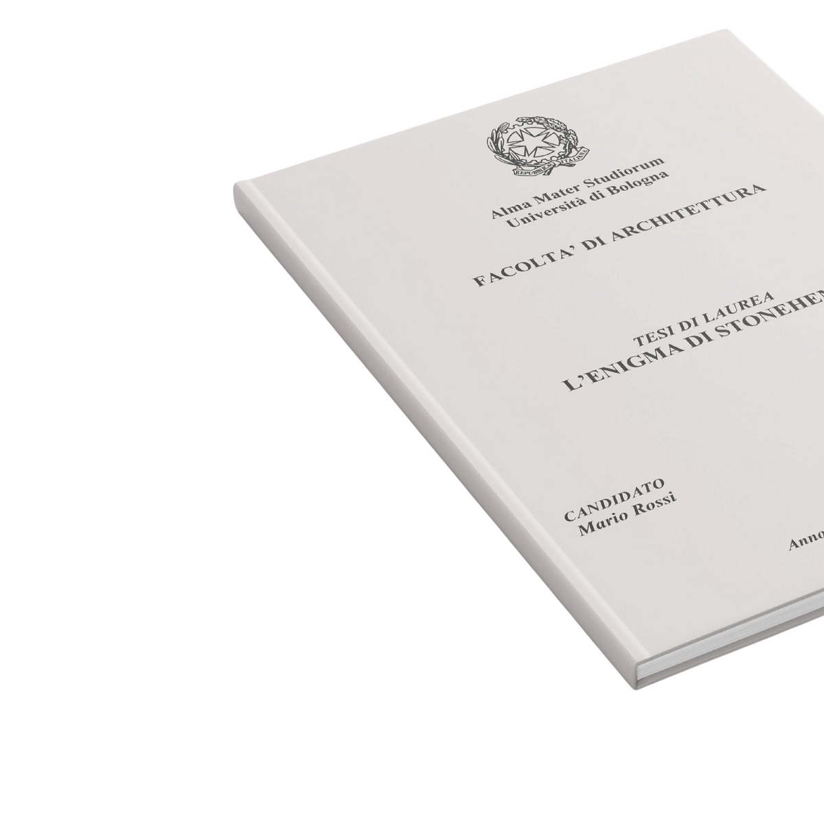 Tesi di laurea rilegata FotoGrafica con copertina bianca rigida e stampa nera personalizzata su sfondo bianco
