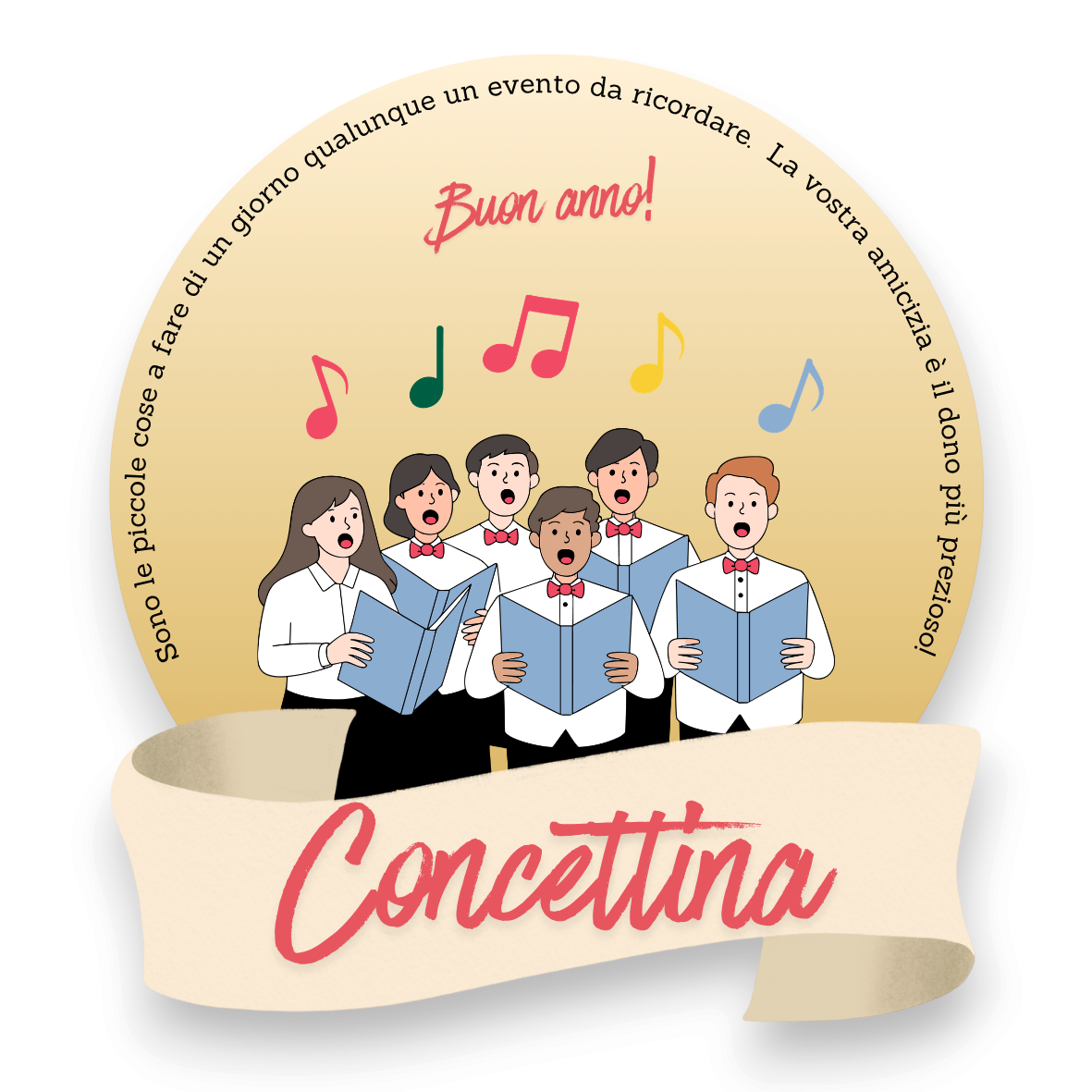 Segnaposto personalizzato FotoGrafica con illustrazione di un coro che canta e nome Concettina su nastro decorativo