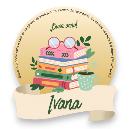 Segnaposto personalizzato FotoGrafica con illustrazione di libri colorati, occhiali e tazza su sfondo circolare